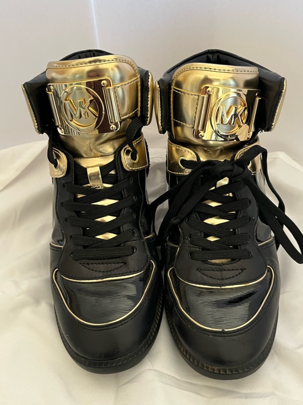 Michael Kors MK Gold Black Patent High-Top Sneakers Glossy Metallic Size 9M